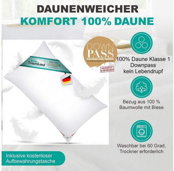 Canada Daunenkissen canadische Daune extra weich Flachkissen, Füllung: Daune, Bezug: 100% Baumwolle, Bauchschläfer, Seitenschläfer, Rückenschläfer, Daune, extra weiches Schlafgefühl