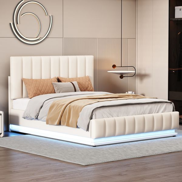 Polsterbett 140×200 cm mit LED, hydraulischem Stauraum, Kunstleder, robustem Metalllattenrost, modernes LED-Bett Schlafzimmer