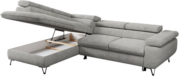 Mks Möbel 'Peter L-form' Ecksofa mit Bettfunktion, Bettkasten & einstellbaren Kopfstützen, Hellgrau, Stoff, mit Topper, links Bild 5