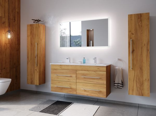 Badmöbelset Helios 4-teilig LED Spiegel 2x Hochschrank eiche gold : Eiche Gold