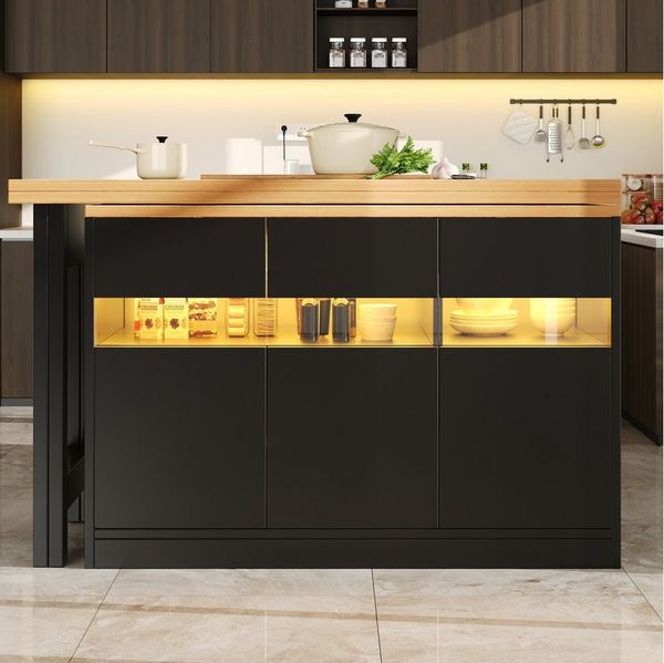 Flieks Kücheninsel Küchenschrank mit 360° drehbarer und klappbarer Arbeitstisch, (Holzoptik Tischplatte Tiefe 40-80cm, Längenverstellbar 120-180cm), ausziehbarer Esstisch & Mehrzweckschrank mit Led-Beleuchtung Schwarz