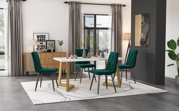 Esstischgruppe H 75 x T 68 x B 117 cm in MDF mit Marmoroptik, grünem Samt, mit 4 Stühlen
