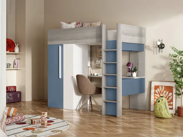 Vente-unique - NICOLAS Bett Holz, Platte BlauWeiß - B 110 cm x H 183,1 cm x L 205,2 cm