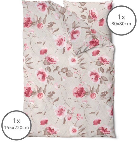 LINKHOFF Bettwäsche Blumen Bettwäsche 135x200 oder 155x220 Creme Beige, Flanell Biber Bettwäsche mit Reißverschluss, Rosen Motiv, Floral