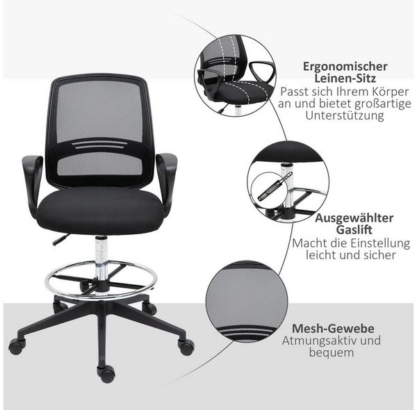 MC Star Drehstuhl Stehstuhl Büro ergonomischer höhenverstellbare Stehhilfe (mit Fußstütze Metall Schwarz 59,5x60x102,5–126cm)