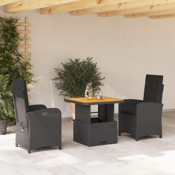 vidaXL 3-tlg. Garten-Essgruppe mit Kissen Schwarz Poly Rattan