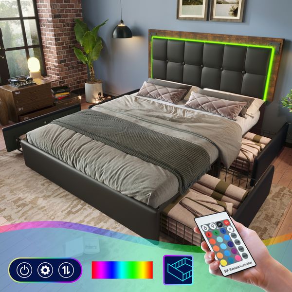 Einzelbett 160x200 cm mit LED-Beleuchtung, 4 Schubladen, höhenverstellbares Kopfteil, Luxus-Kunstleder Schwarz