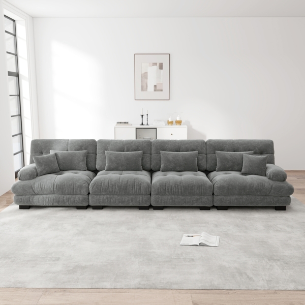 Ecksofa, 4-Sitzer modulares Ecksofa mit Tiefensitz Chenille Schlafsofa komfortabel gepolstert für Wohnzimmer Apartment Studio Büro, Chenille, Grau