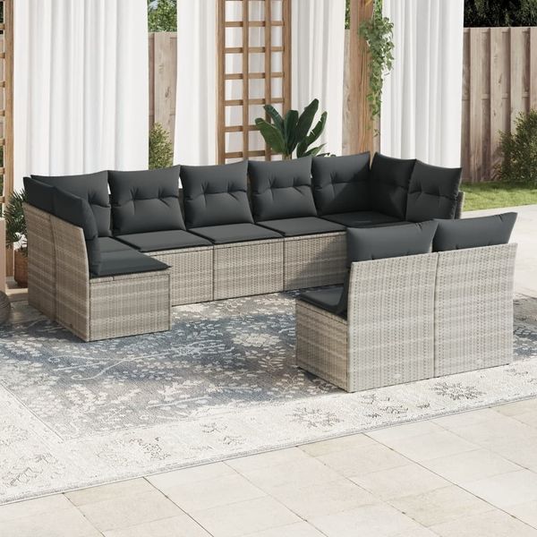vidaXL 9-tlg. Garten-Sofagarnitur mit Kissen Hellgrau Poly Rattan 3249991