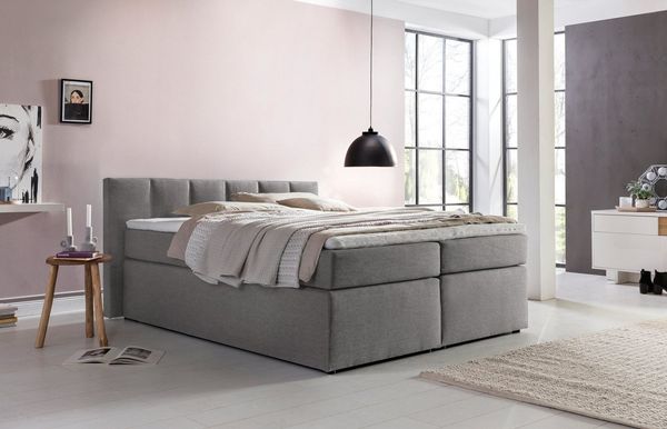 Furniture for Friends Doluna Valina Boxspringbett 180x200 cm H3 in Hellgrau niedriges Kopfteil 90 cm Ideal für Dachschrägen inkl. Visco Topper + 7 Zonen Taschenfederkern-Matratze