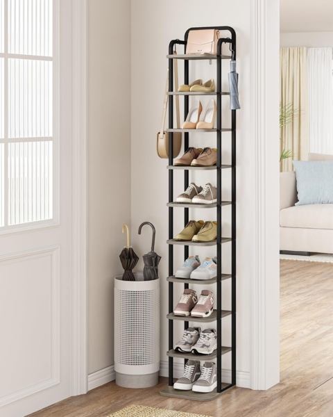 Vertikales Schuhregal, 10-Stöckige Schuhregale, Schuhturm für Kleine Räume, Freistehend, Verstellbar, Platzsparend, Helles Elfenbein und Schwarz