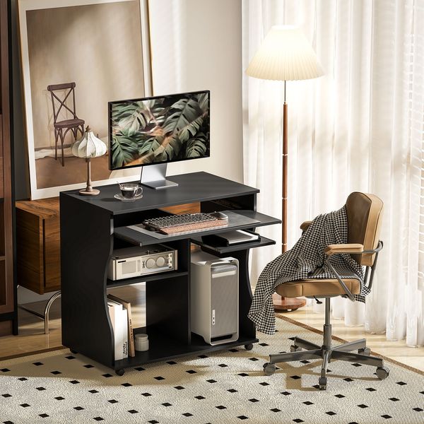 Schreibtisch mit Rollen & Tastaturablage, 80 x 48 x 75 cm, Schwarz