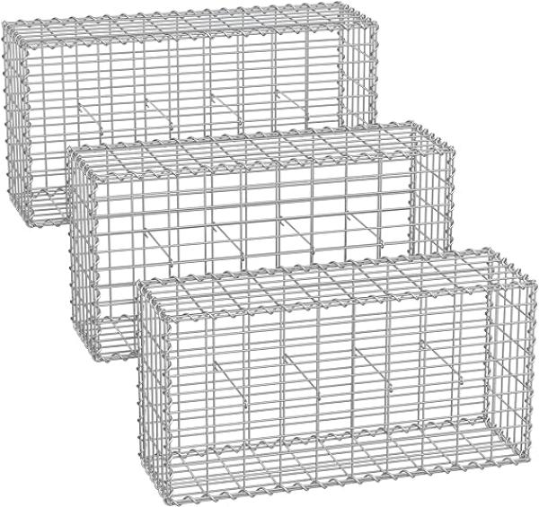 Gabionenkorb,100 x 50 x 30 cm,3er Set, Metall-Steinkorb mit 5 x 10 cm Maschenweite für Mauersteine, verzinkt, Steingabione Mauer, silber GGB353