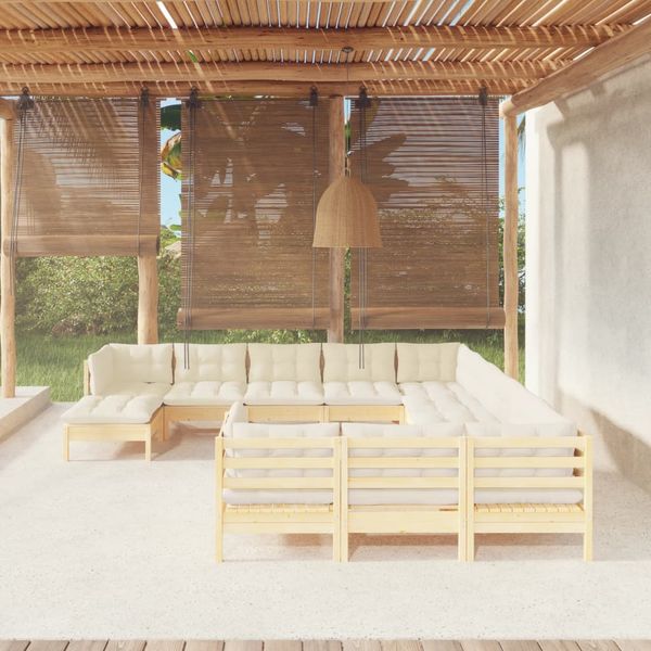 vidaXL 12-tlg. Garten-Lounge-Set mit Creme Kissen Kiefernholz 3097067