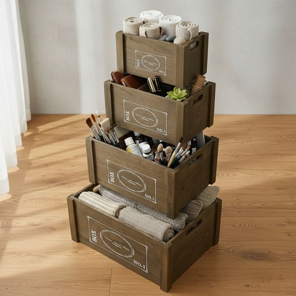 Aufbewahrungsboxen 4er Set Braun Ordnung Shabby Holzkisten Vintage Retro Rustikal Wein Découpage Boxen Griff Kiste Dekorativ Offen Allzweckkiste Box