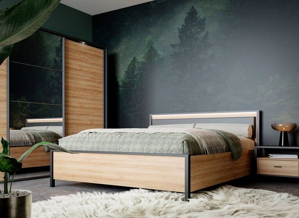 FORTE Bettgestell High Rock, Belastbar bis 240 KG (Liegefläche 160 cm x 200 cm), Kopfteil inklusive Beleuchtung