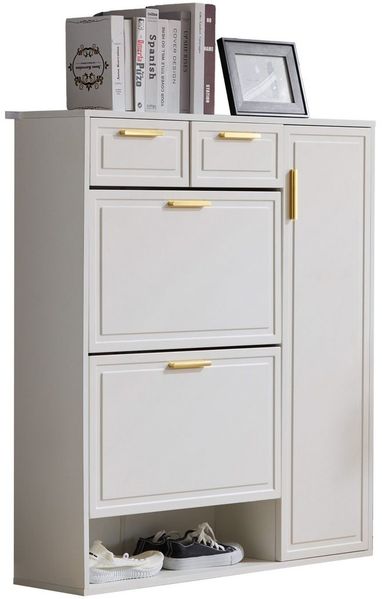 SeedWave Schuhschrank für 15 Paar, verstellbare Einlegeböden, 2 Schubladen, 2 Klappen 1 offenes Fach, modernes minimalistisches Design mit goldenen Griffen