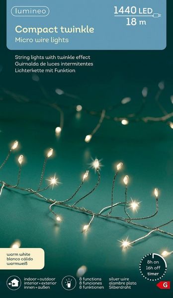 Lumineo LED-Lichterkette Lumineo Micro-LED COMPACT TWINKLE 1440 LED 18 m warm weiß, Silberdraht, Indoor/Outdoor, 8 Funktionen, 8h-Timer, + 5 Meter