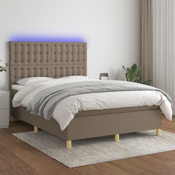 vidaXL Boxspringbett mit Matratze & LED Taupe 140x200 cm Stoff 3135761