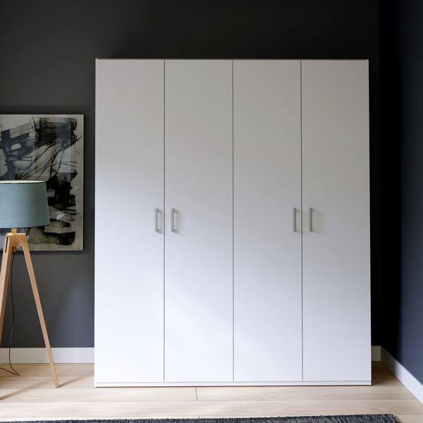 Forte ECONOBOX 2 Kleiderschrank 175 180, 4-türiger Drehtürenschrank mit Einlegeböden und Kleiderstange, Holzwerkstoff, Weiß, 177,5 cm breit, 210,5 cm hoch, 54,2 cm tief