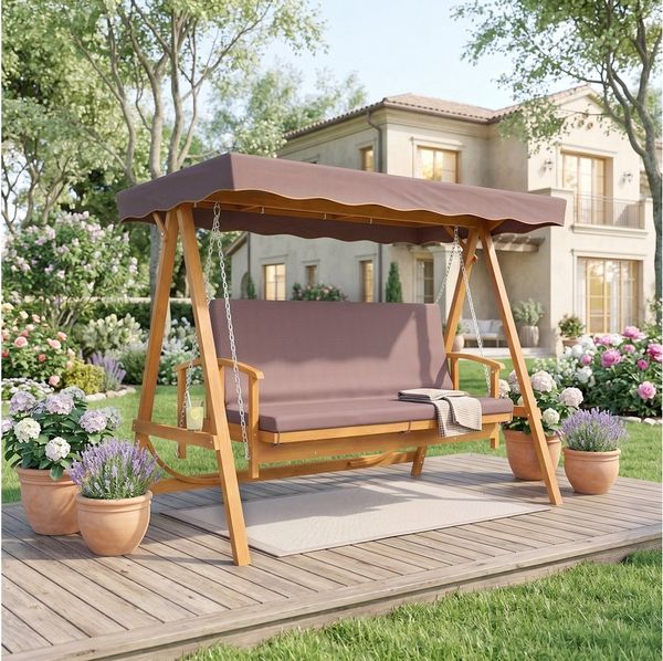Outsunny Hollywoodschaukel mit Sonnendach, Sitzauflage, bis 330kg, 3-Sitzer, Liegefunktion, 3-Sitzer Gartenschaukel aus Holz, 1 tlg, 2 in 1 Holzschaukel mit Liegefunktion, für Garten, Terrasse, 236x130x181 cm, Braun