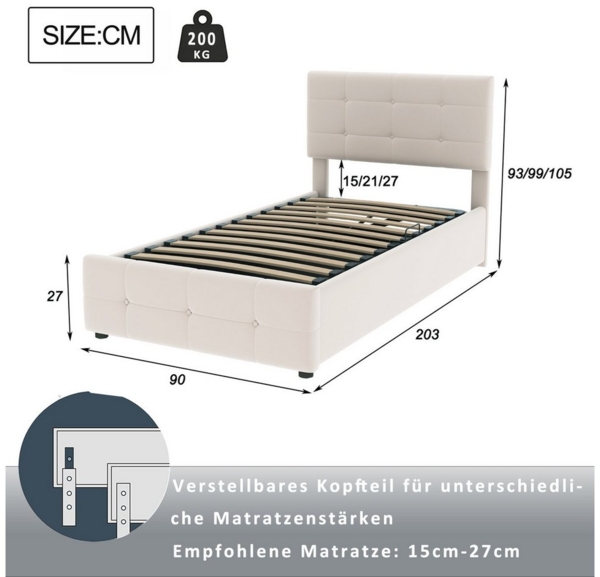 Flieks Polsterbett, Hydraulisches Stauraumbett Einzelbett Kinderbett 90x200cm Samtstoff Bild 3