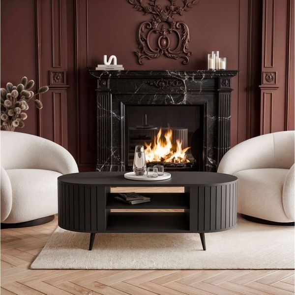 yourhouse24 Couchtisch LINNEA Oval 104cm mit Ablage Lamellen Kaschmir/Schwarz (1x Couchtisch), Ovale Form im Lamellen-Design