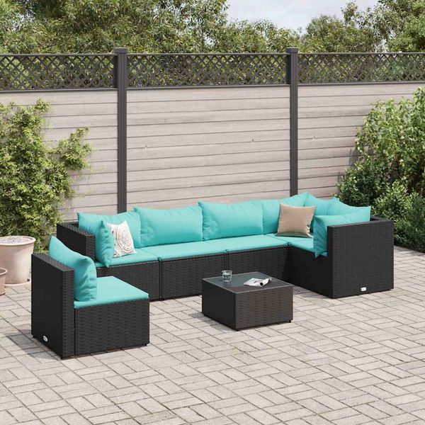 vidaXL 7-tlg. Garten-Lounge-Set mit Kissen Schwarz Poly Rattan 3308180