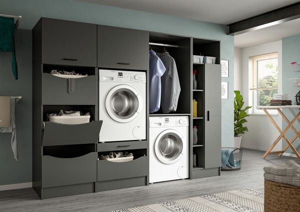 welltime Badmöbel-Set FALAS, TOPSELLER!, 4-teilig, Hauswirtschaftsraum Set, Breite 248 cm, (Set, 4-St, 1x Wäscheschrank, 2x Waschmaschinenumbauschrank & 1xMehrzweckschrank), Kombination, Waschmaschinenumbau, Waschmaschinenschrank, Wäschekammer