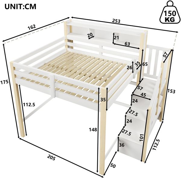 Merax Hochbett, Kinderbett, 140x200cm, Jugendbett Mit LED-Leuchten, Ablageleiter, offenem Staufach, ohne Matratze, Weiß+Natur Bild 4