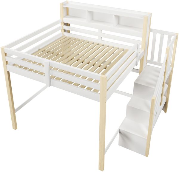Merax Hochbett, Kinderbett, 140x200cm, Jugendbett Mit LED-Leuchten, Ablageleiter, offenem Staufach, ohne Matratze, Weiß+Natur Bild 8