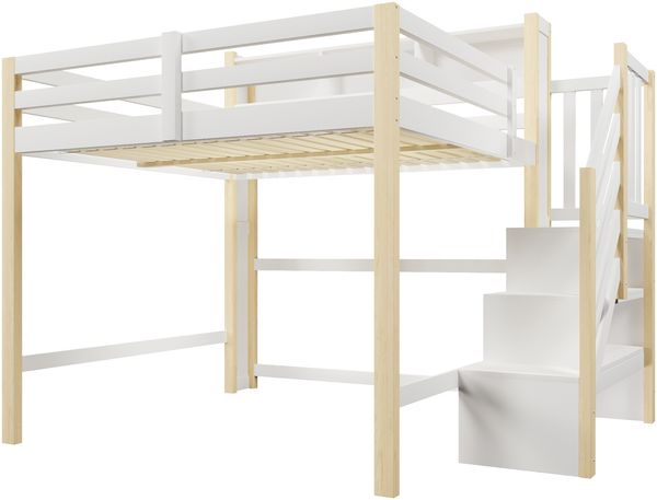 Merax Hochbett, Kinderbett, 140x200cm, Jugendbett Mit LED-Leuchten, Ablageleiter, offenem Staufach, ohne Matratze, Weiß+Natur Bild 9