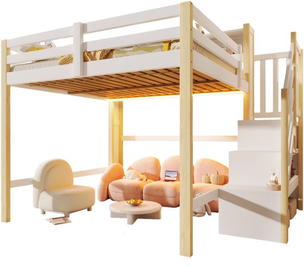 Merax Hochbett, Kinderbett, 140x200cm, Jugendbett Mit LED-Leuchten, Ablageleiter, offenem Staufach, ohne Matratze, Weiß+Natur Bild 10