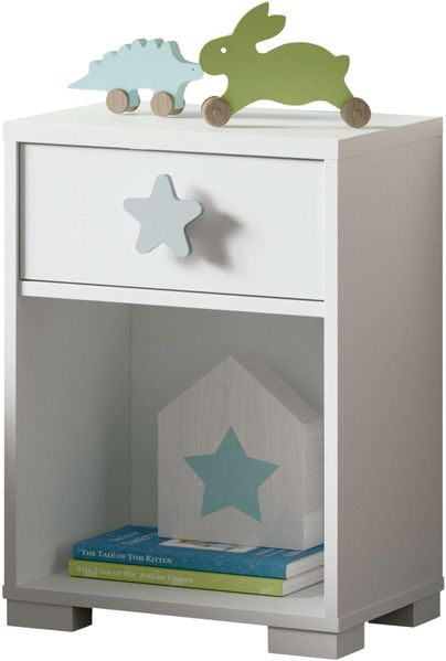 Muebles Pitarch | Nachttisch 1 Schublade mit Metallführungen, Weiß mit Blau-Grauer Stern, 56 x 40 x 33 cm (Höhe x Breite x Tiefe), Kinderzimmer, Modell Sweet