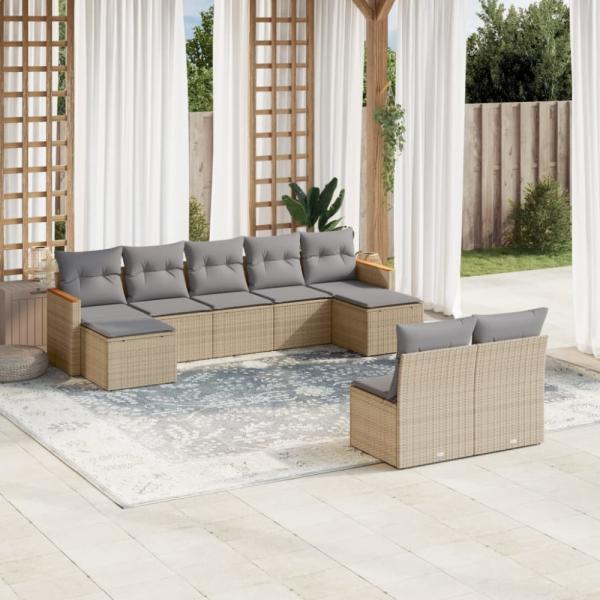 vidaXL 9-tlg. Garten-Sofagarnitur mit Kissen Beige Poly Rattan 3226374