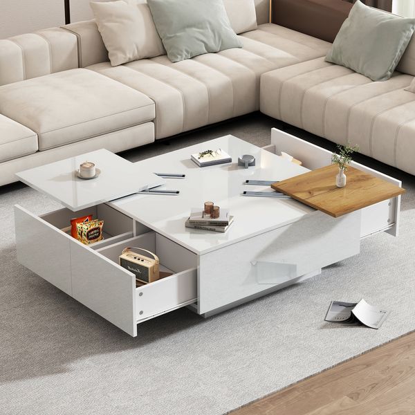 Couchtisch 75 x 75 x 33,5 cm in Weiß, Hochglanz mit verschiebbaren Platten und 4 Schubladen