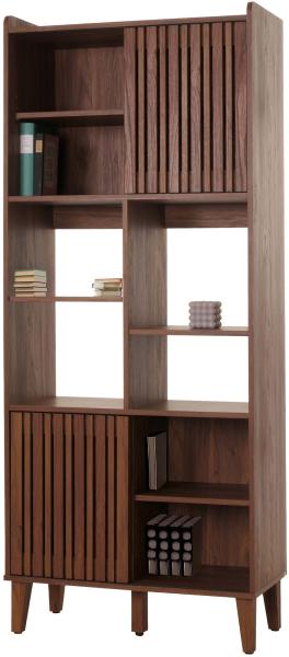 Bücherregal HWC-M48, Bücherschrank Hochschrank, Schiebetür 8 Staufächer Mango-Massivholz MDF 178x75x35cm ~ Walnuss-Optik