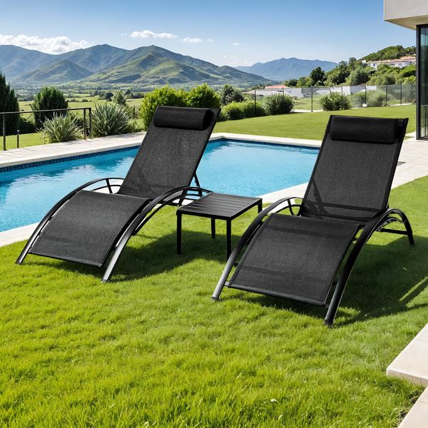 Clevich Gartenliege 2er Set, Liegestuhl Garten Wetterfest, Verstellbare Liegestuhl mit Armlehne, Kopfkissen und Couchtisch, für Garten,Schwimmbäder,Strand,Draussen (3, Schwarz)