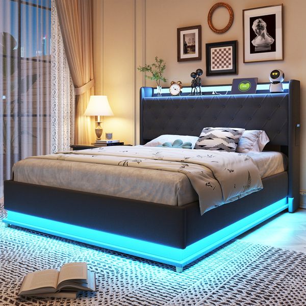 LED Polsterbett 140*200 cm mit USB-Ladeanschluss und Hydraulischer Lagerung, Hautfreundlicher Leinenstoff Grau