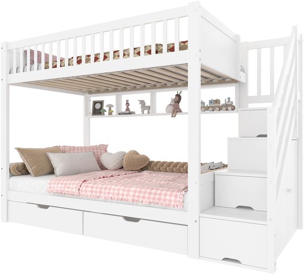 Etagenbett(Ohne Matratze),Kinderbett,mit Schublade,mit Regal,mit Kleiderschrank,mit Staufach,90x200cm,Weiß Bild 6