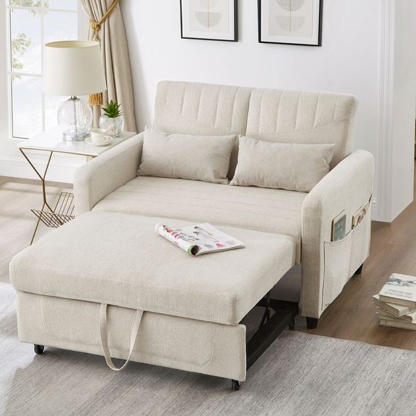Sofabett mit Schlaffunktion, Baumwoll-Leinen-Stoff, ausziehbar & 3-fach verstellbar, 166x95 cm, Beige