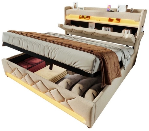 BlingBin Polsterbett Boxspringbett Stauraumbett (1-tlg, Einzelbett 160×200,360-Surround-LED-Funktion), mit USB und Typ C-Port, Hydraulisch Stauraum, Leinen Ohne Matratze Bild 4