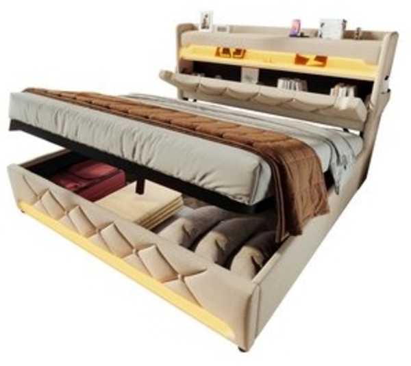 BlingBin Polsterbett Boxspringbett Stauraumbett (1-tlg, Einzelbett 160×200,360-Surround-LED-Funktion), mit USB und Typ C-Port, Hydraulisch Stauraum, Leinen Ohne Matratze Bild 6