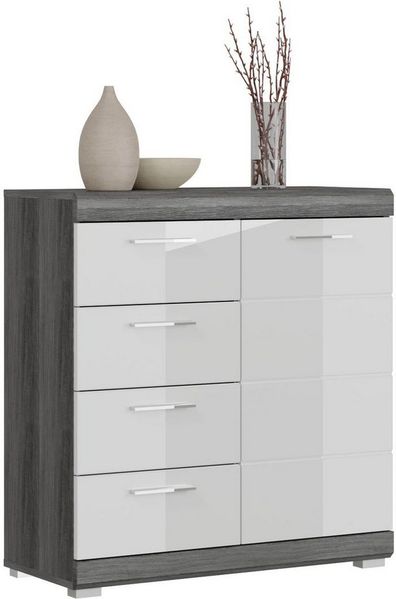 INOSIGN Kommode Siena, Breite 80 cm, 1 Tür, 2 Einlegeböden, 3 Fächer, 4 Schubkästen, Front-Rillenfräsung, Schuhkommode, Schuhschrank, Anrichte, Sideboard