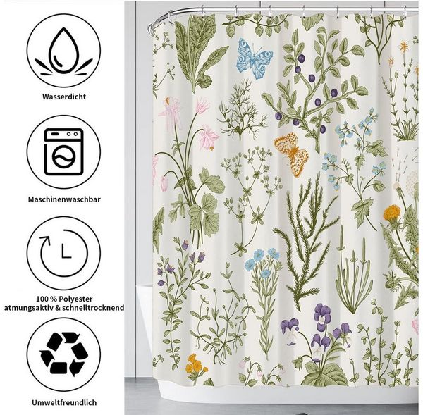 MOPUEA Duschvorhang Floral Badezimmer Vorhänge, Wasserdicht dekorative Vorhänge (180 × 180 cm, Komplett-Set mit durchdachten Details), Stilvolles Vintage-Design & Hochwertiges Material