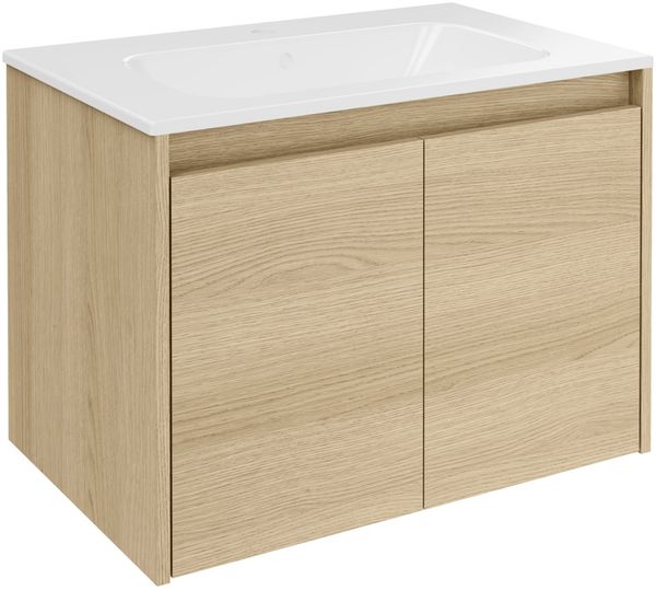 FACKELMANN COMPACT LINE Waschbecken mit Unterschrank 71 cm breit, Braun hell, Waschbecken Keramik Weiß, 2 Türen