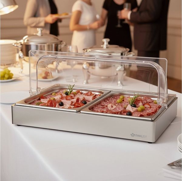 Mahlzeit Buffet-Vitrine Kühl Servierplatte, 54 x 34 x 24,5 cm, 2x GN 1/2 Kühlplatte,Kühlschale, Edelstahl, Leicht zu reinigen