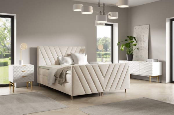 Boxspringbett Schlafzimmerbett CARLITO PREMIUM 160x220cm Stoff Fresh Altweiß