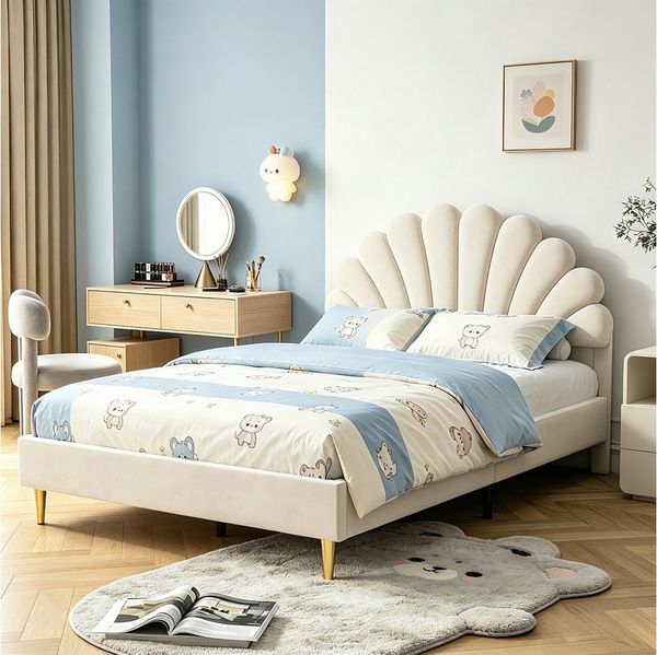 Simurq Polsterbett Kinderbett für Mädchen Jugendbett 140x200 cm Muschelbett Samt, Mädchenbett Doppelbett, mit Blumenform-Kopfteil und Lattenrost
