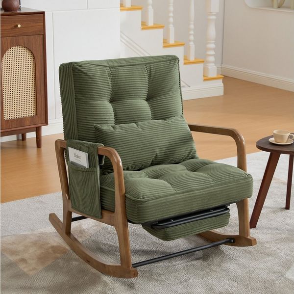BlingBin Schaukelstuhl Relaxsessel mit Fußstütze, Cord-Sessel mit Seitentasche (Sessel mit Seitentasche, 1 St), Lesesessel, Lendenkissen und 3-fach verstellbarer Rückenlehne